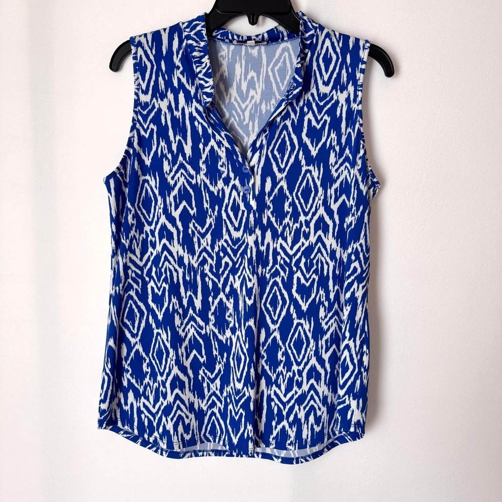 Claudia Richard Sleeveless Blouse Women Large Blue White Stretch